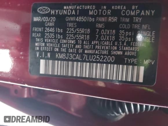 ✅ 2020 Hyundai Tucson Ultimate • VIN: KM8J3CAL7LU252200 • Lot: 41205919. Listed on IAAI with 20,299 mi. Free auction sales archive from the USA and detailed vehicle history report at DreamBid. Image 9.