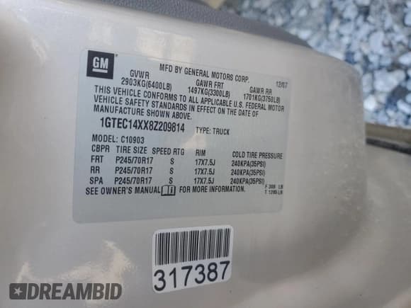 ✅ 2008 GMC Sierra 1500 Work Truck • VIN: 1GTEC14XX8Z209814 • Lot: 90061485. Listed on Copart with Not provided. Free auction sales archive from the USA and detailed vehicle history report at DreamBid. Image 12.