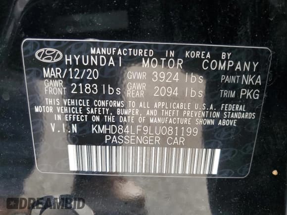 ✅ 2020 Hyundai Elantra SEL • VIN: KMHD84LF9LU081199 • Lot: 91571685. Listed on Copart with 51,540 mi. Free auction sales archive from the USA and detailed vehicle history report at DreamBid. Image 12.