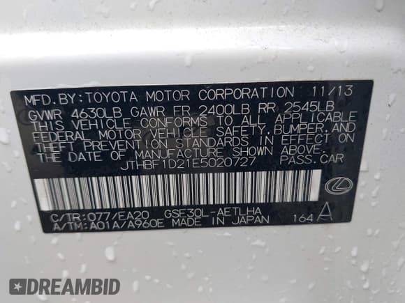 ✅ 2014 Lexus IS 250 • VIN: JTHBF1D21E5020727 • Lot: 42264652. Listed on IAAI with 232,513 mi. Free auction sales archive from the USA and detailed vehicle history report at DreamBid. Image 9.