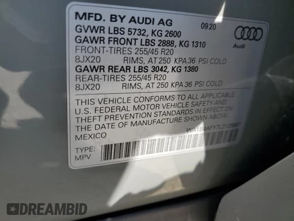 ✅ 2020 Audi SQ5 Premium Plus • VIN: WA1B4AFY7L2120087 • Лот: 81466945. Опубликован ранее на Copart с пробегом 45 538 миль. Бесплатный доступ к архиву аукционных продаж из США и подробный отчёт об истории автомобиля на DreamBid. Изображение 14.