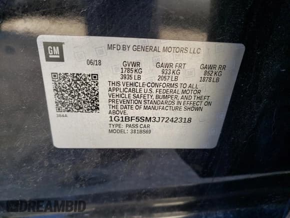 ✅ 2018 Chevrolet Cruze Premier • VIN: 1G1BF5SM3J7242318 • Lot: 39946353. Listed on Copart with 85,150 mi. Free auction sales archive from the USA and detailed vehicle history report at DreamBid. Image 12.