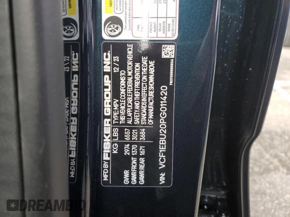 ✅ 2023 Fisker Ocean Extreme • VIN: VCF1EBU20PG011420 • Lot: 42415655. Listed on Copart with Not provided. Free auction sales archive from the USA and detailed vehicle history report at DreamBid. Image 13.