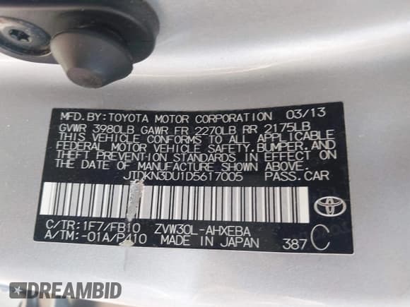 ✅ 2013 Toyota Prius Two • VIN: JTDKN3DU1D5617005 • Lot: 43007342. Listed on IAAI with 62,324 mi. Free auction sales archive from the USA and detailed vehicle history report at DreamBid. Image 9.