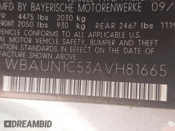 ✅ 2010 BMW 1 Series 128i • VIN: WBAUN1C53AVH81665 • Lot: 42724442. Listed on IAAI with 59,935 mi. Free auction sales archive from the USA and detailed vehicle history report at DreamBid. Image 9.