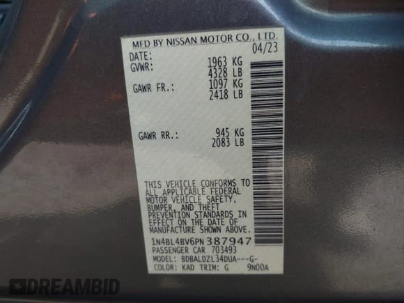 ✅ 2023 Nissan Altima S • VIN: 1N4BL4BV6PN387947 • Lot: 42416338. Listed on IAAI with 113,905 mi. Free auction sales archive from the USA and detailed vehicle history report at DreamBid. Image 9.