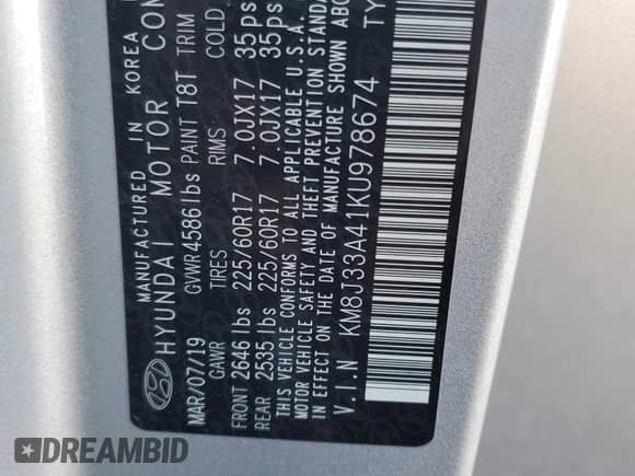 2019 Hyundai Tucson Value с VIN KM8J33A41KU978674, выставлен на аукционе Copart как лот 82504155 с пробегом 10 647 миль миль и Списание • Salvage title. История ставок и продаж доступна на DreamBid. Изображение 13.