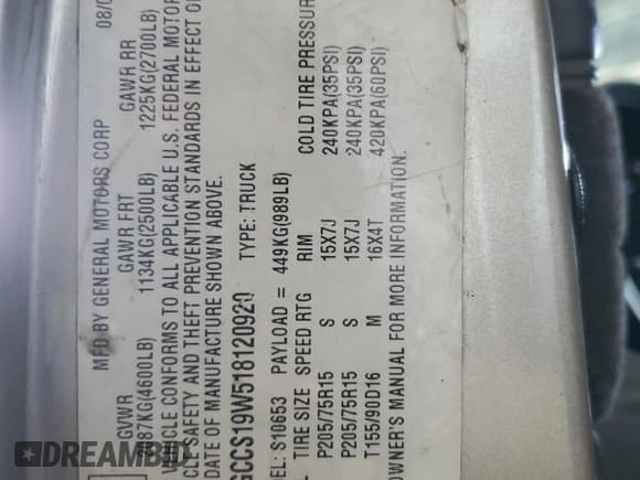 ✅ 2001 Chevrolet S-10 LS • VIN: 1GCCS19W518120920 • Лот: 49741775. Опубликован ранее на Copart с пробегом 221 583 миль. Бесплатный доступ к архиву аукционных продаж из США и подробный отчёт об истории автомобиля на DreamBid. Изображение 12.