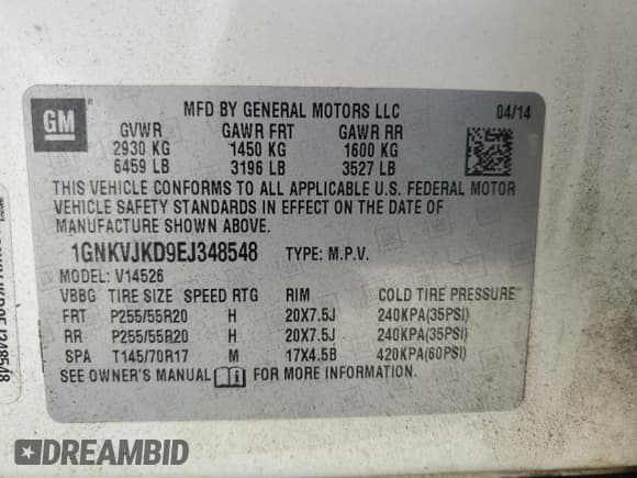 ✅ 2014 Chevrolet Traverse LTZ • VIN: 1GNKVJKD9EJ348548 • Lot: 80199825. Wystawiony na Copart z przebiegiem 166 265 mil. Bezpłatny archiwum sprzedaży aukcyjnych z USA i szczegółowy raport historii pojazdu na DreamBid. Zdjęcie 14.