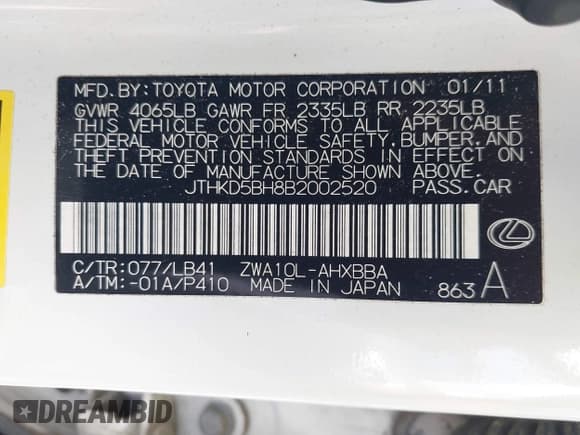 ✅ 2011 Lexus CT 200h • VIN: JTHKD5BH8B2002520 • Lot: 42745569. Listed on IAAI with 234,294 mi. Free auction sales archive from the USA and detailed vehicle history report at DreamBid. Image 9.