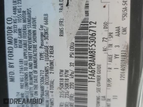 ✅ 2015 Ford Mustang V6 • VIN: 1FA6P8AM8F5306712 • Lot: 87407105. Listed on Copart with 133,366 mi. Free auction sales archive from the USA and detailed vehicle history report at DreamBid. Image 12.