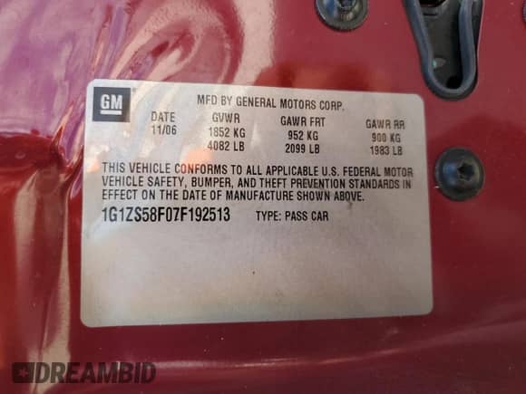 2007 Chevrolet Malibu 1LS with VIN 1G1ZS58F07F192513, listed as a Copart auction lot 77313074 with Not provided miles and Salvage title. Bid and sale history available at DreamBid. Image 12.