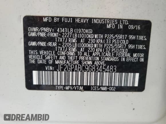 ✅ 2016 Subaru Crosstrek Premium • VIN: JF2GPABC9G8345483 • Lot: 59661325. Listed on Copart with 108,296 mi. Free auction sales archive from the USA and detailed vehicle history report at DreamBid. Image 13.