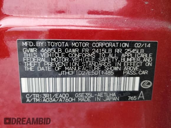 ✅ 2014 Lexus IS 250 • VIN: JTHCF1D27E5011485 • Lot: 53317275. Listed on Copart with 82,082 mi. Free auction sales archive from the USA and detailed vehicle history report at DreamBid. Image 12.