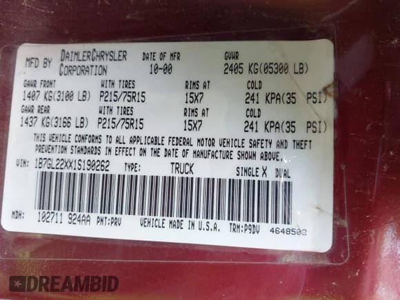 ✅ 2001 Dodge Dakota • VIN: 1B7GL22XX1S190262 • Lot: 42922639. Listed on IAAI with 142,990 mi. Free auction sales archive from the USA and detailed vehicle history report at DreamBid. Image 9.