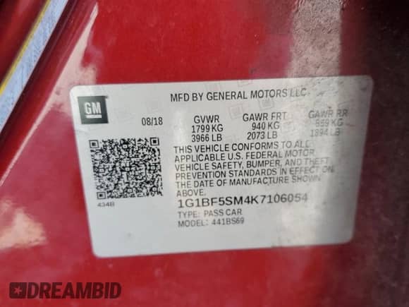 ✅ 2019 Chevrolet Cruze Premier • VIN: 1G1BF5SM4K7106054 • Lot: 85106195. Wystawiony na Copart z przebiegiem 46 515 mil mil. Skorzystaj z bezpłatnego archiwum sprzedaży aukcyjnych z USA i zobacz szczegółowy raport historii pojazdu na DreamBid. Zdjęcie 12.