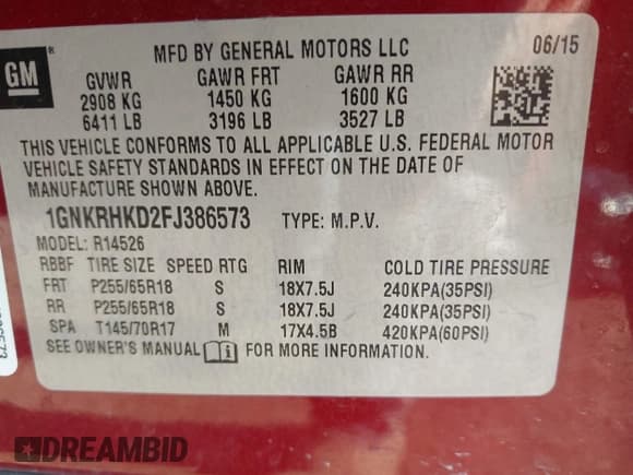 ✅ 2015 Chevrolet Traverse LT • VIN: 1GNKRHKD2FJ386573 • Lot: 42897349. Listed on IAAI with 159,959 mi. Free auction sales archive from the USA and detailed vehicle history report at DreamBid. Image 9.