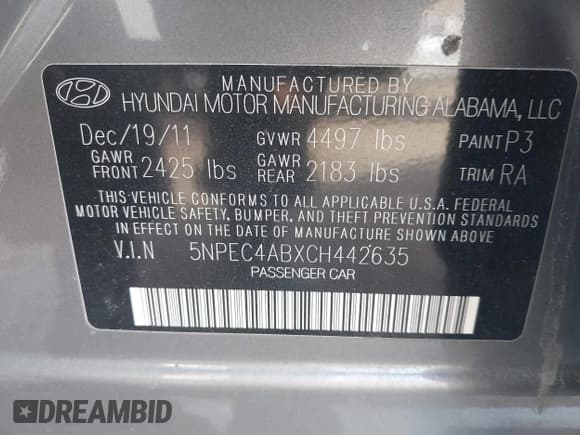 ✅ 2012 Hyundai Sonata SE • VIN: 5NPEC4ABXCH442635 • Lot: 43681037. Listed on IAAI with 187,834 mi. Free auction sales archive from the USA and detailed vehicle history report at DreamBid. Image 9.
