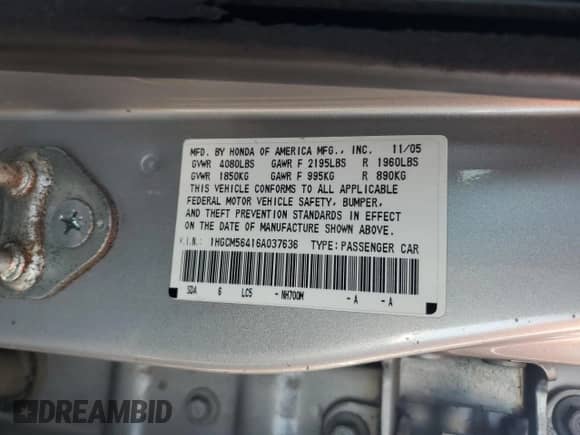 2006 Honda Accord LX с VIN 1HGCM56416A037636, выставлен на аукционе Copart как лот 90340455 с пробегом 180 566 миль миль и Списание • Salvage title. История ставок и продаж доступна на DreamBid. Изображение 12.