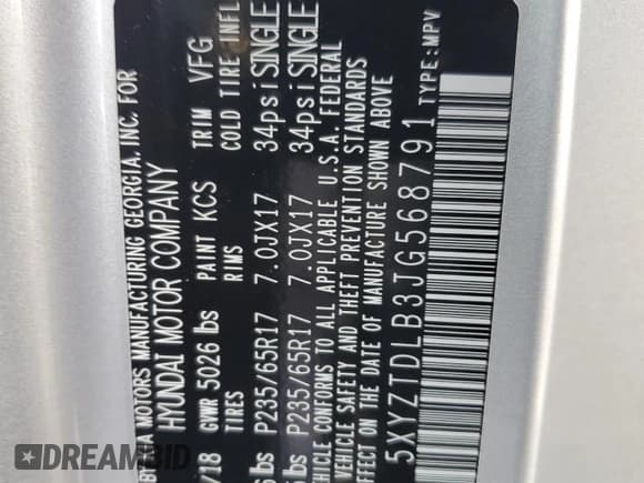 ✅ 2018 Hyundai Santa Fe 2.4L • VIN: 5XYZTDLB3JG568791 • Лот: 78307493. Опубликован ранее на Copart с пробегом 58 551 миль. Бесплатный доступ к архиву аукционных продаж из США и подробный отчёт об истории автомобиля на DreamBid. Изображение 13.