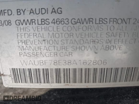 ✅ 2008 Audi A4 2.0T • VIN: WAUBF78E38A162806 • Lot: 41688631. Listed on IAAI with 149,863 mi. Free auction sales archive from the USA and detailed vehicle history report at DreamBid. Image 9.
