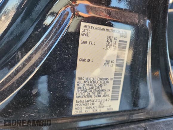 ✅ 2016 Nissan Altima SV • VIN: 1N4AL3AP5GC212142 • Lot: 82598085. Listed on Copart with 132,525 mi. Free auction sales archive from the USA and detailed vehicle history report at DreamBid. Image 12.