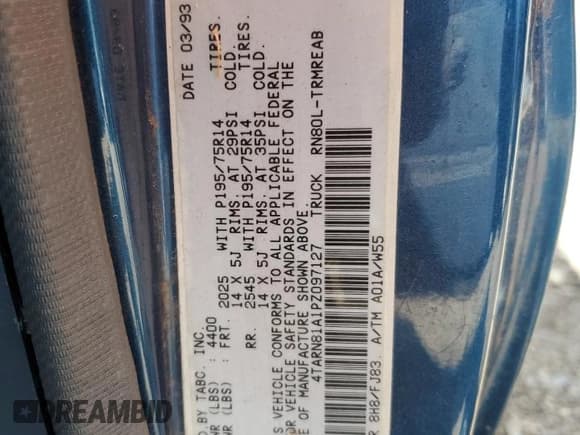 ✅ 1993 Toyota Pickup • VIN: 4TARN81A1PZ097127 • Lot: 71461435. Wystawiony na Copart z przebiegiem 152 365 mil. Bezpłatny archiwum sprzedaży aukcyjnych z USA i szczegółowy raport historii pojazdu na DreamBid. Zdjęcie 12.