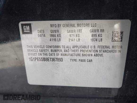 2014 Chevrolet Cruze 2LT with VIN 1G1PE5SB8E7367893, listed as a IAAI auction lot 43560413 with 148,407 mi miles and . Bid and sale history available at DreamBid. Image 9.