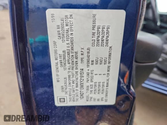 ✅ 2000 Chevrolet Blazer LT • VIN: 1GNDT13WXY2191514 • Lot: 93420615. Listed on Copart with 170,197 mi. Free auction sales archive from the USA and detailed vehicle history report at DreamBid. Image 13.