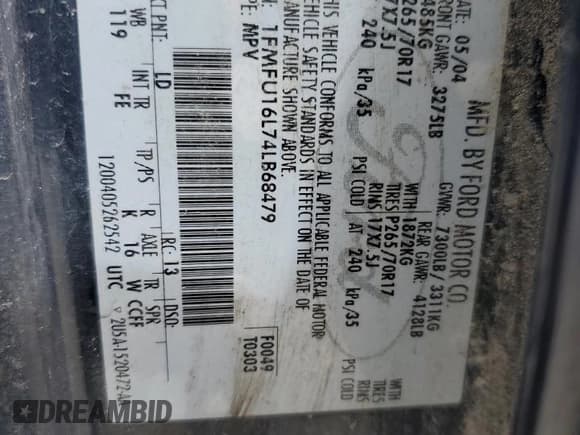 ✅ 2004 Ford Expedition Special Service • VIN: 1FMFU16L74LB68479 • Lot: 70864165. Listed on Copart with Not provided. Free auction sales archive from the USA and detailed vehicle history report at DreamBid. Image 13.