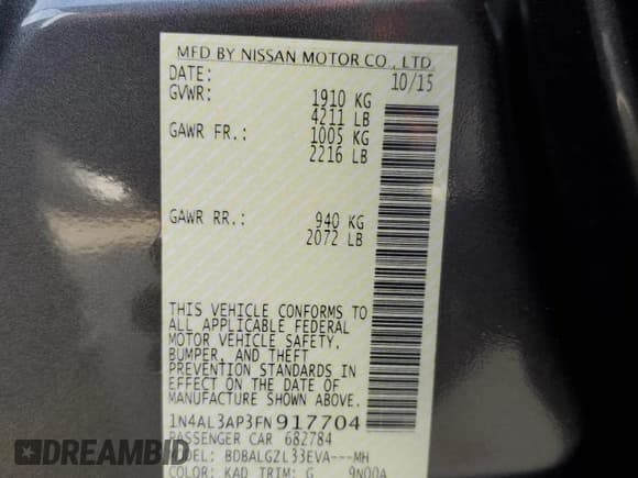 ✅ 2015 Nissan Altima 2.5 • VIN: 1N4AL3AP3FN917704 • Lot: 92343535. Listed on Copart with 85,220 mi. Free auction sales archive from the USA and detailed vehicle history report at DreamBid. Image 12.