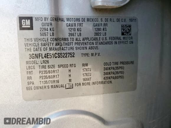 ✅ 2012 Chevrolet Captiva Sport LTZ • VIN: 3GNFL4E51CS522752 • Lot: 57215795. Listed on Copart with 123,522 mi. Free auction sales archive from the USA and detailed vehicle history report at DreamBid. Image 13.