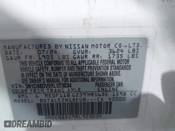 ✅ 2024 Nissan Versa S • VIN: 3N1CN8DV9RL923034 • Lot: 43296126. Listed on IAAI with 11,113 mi. Free auction sales archive from the USA and detailed vehicle history report at DreamBid. Image 9.