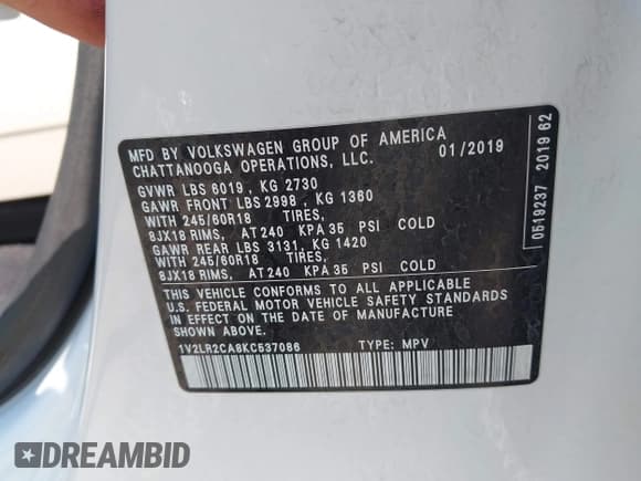 ✅ 2019 Volkswagen Atlas SE • VIN: 1V2LR2CA8KC537086 • Лот: 42931219. Опубликован ранее на IAAI с пробегом 58 493 миль. Бесплатный доступ к архиву аукционных продаж из США и подробный отчёт об истории автомобиля на DreamBid. Изображение 9.