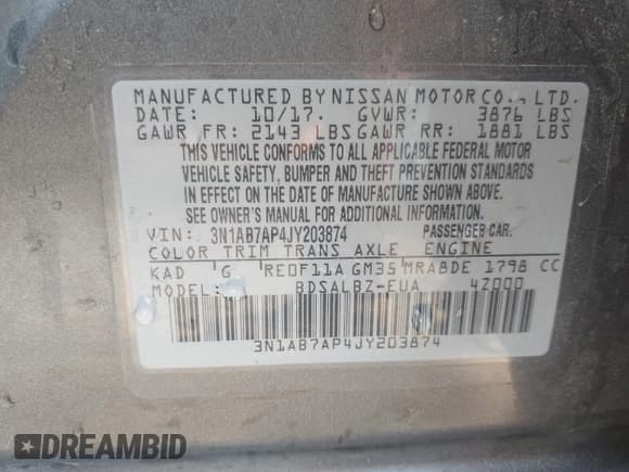 ✅ 2018 Nissan Sentra SR • VIN: 3N1AB7AP4JY203874 • Lot: 43720004. Listed on IAAI with 145,311 mi. Free auction sales archive from the USA and detailed vehicle history report at DreamBid. Image 9.