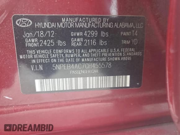 ✅ 2012 Hyundai Sonata GLS • VIN: 5NPEB4AC7CH455578 • Lot: 73146724. Listed on Copart with 172,853 mi. Free auction sales archive from the USA and detailed vehicle history report at DreamBid. Image 12.