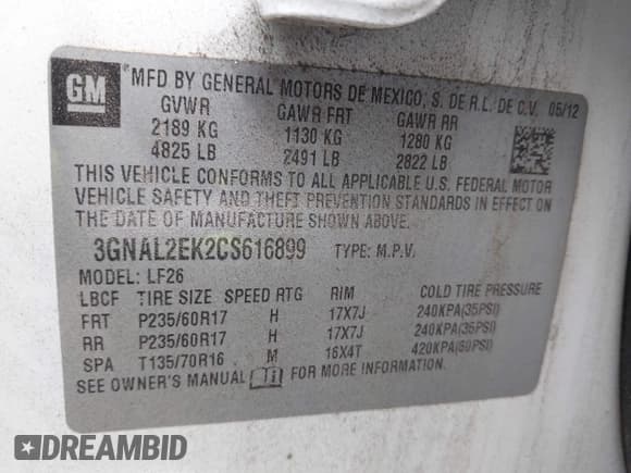 ✅ 2012 Chevrolet Captiva Sport LS • VIN: 3GNAL2EK2CS616899 • Lot: 43426161. Wystawiony na IAAI z przebiegiem 125 158 mil. Bezpłatny archiwum sprzedaży aukcyjnych z USA i szczegółowy raport historii pojazdu na DreamBid. Zdjęcie 9.