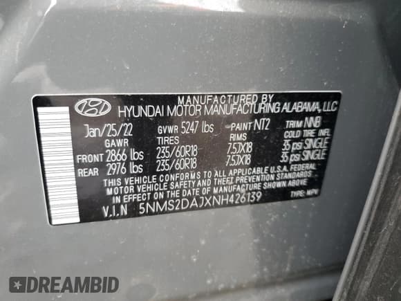 ✅ 2022 Hyundai Santa Fe SEL • VIN: 5NMS2DAJXNH426139 • Лот: 42425723. Опубликован ранее на Copart с пробегом 6 826 миль. Бесплатный доступ к архиву аукционных продаж из США и подробный отчёт об истории автомобиля на DreamBid. Изображение 12.