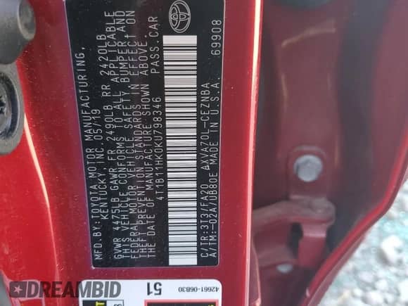 2019 Toyota Camry LE with VIN 4T1B11HK0KU798346, listed as a Copart auction lot 71201335 with 109,201 mi miles and Salvage title. Bid and sale history available at DreamBid. Image 12.