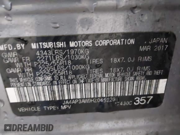 ✅ 2017 Mitsubishi Outlander SE • VIN: JA4AP3AW9HZ045220 • Lot: 43791868. Listed on IAAI with 183,904 mi. Free auction sales archive from the USA and detailed vehicle history report at DreamBid. Image 9.