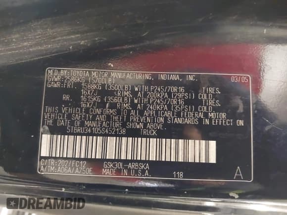✅ 2005 Toyota Tundra SR5 • VIN: 5TBRU34105S452138 • Lot: 43609636. Listed on IAAI with 246,884 mi. Free auction sales archive from the USA and detailed vehicle history report at DreamBid. Image 9.