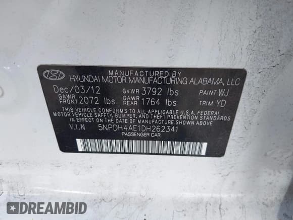 ✅ 2013 Hyundai Elantra GLS • VIN: 5NPDH4AE1DH262341 • Lot: 43441443. Listed on IAAI with 126,624 mi. Free auction sales archive from the USA and detailed vehicle history report at DreamBid. Image 9.