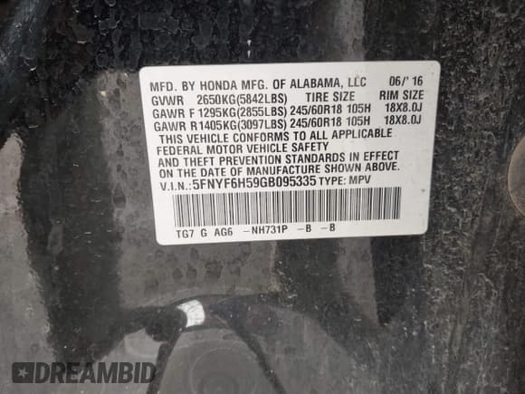 ✅ 2016 Honda Pilot EX-L • VIN: 5FNYF6H59GB095335 • Лот: 43337112. Опубликован ранее на IAAI с пробегом 112 088 миль. Бесплатный доступ к архиву аукционных продаж из США и подробный отчёт об истории автомобиля на DreamBid. Изображение 9.