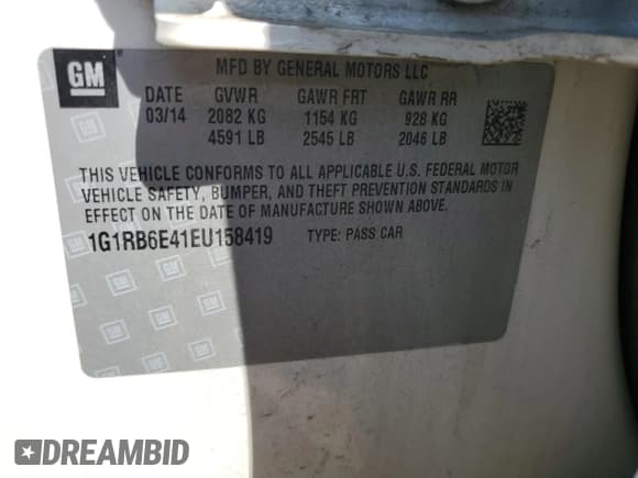 ✅ 2014 Chevrolet Volt • VIN: 1G1RB6E41EU158419 • Лот: 66551434. Опубликован ранее на Copart с пробегом 81 299 миль. Бесплатный доступ к архиву аукционных продаж из США и подробный отчёт об истории автомобиля на DreamBid. Изображение 14.