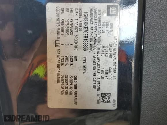 ✅ 2014 Chevrolet Suburban LTZ • VIN: 1GNSKKE76ER138866 • Lot: 89898025. Listed on Copart with 279,606 mi. Free auction sales archive from the USA and detailed vehicle history report at DreamBid. Image 13.