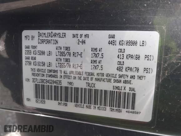 2004 Dodge 3500 ST z VIN 3D7LU38C84G204635, wystawiony jako IAAI lot #41544580 z przebiegiem Nie podano mil oraz . Historia ofert i sprzedaży dostępna na DreamBid. Obrazek 9.