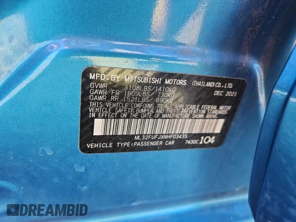 ✅ 2022 Mitsubishi Mirage ES • VIN: ML32FUFJXNHF03435 • Лот: 85740235. Опубликован ранее на Copart с пробегом 73 694 миль. Бесплатный доступ к архиву аукционных продаж из США и подробный отчёт об истории автомобиля на DreamBid. Изображение 12.