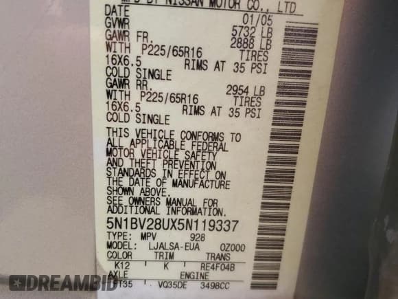 ✅ 2005 Nissan Quest • VIN: 5N1BV28UX5N119337 • Lot: 56902795. Listed on Copart with Not provided. Free auction sales archive from the USA and detailed vehicle history report at DreamBid. Image 13.