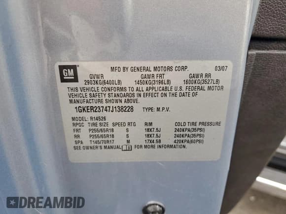 ✅ 2007 GMC Acadia SLT • VIN: 1GKER23747J138228 • Lot: 95906115. Listed on Copart with 186,537 mi. Free auction sales archive from the USA and detailed vehicle history report at DreamBid. Image 13.