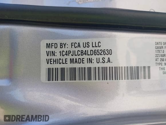 ✅ 2020 Jeep Cherokee Latitude • VIN: 1C4PJLCB4LD652630 • Lot: 43164865. Listed on IAAI with 124,530 mi. Free auction sales archive from the USA and detailed vehicle history report at DreamBid. Image 9.